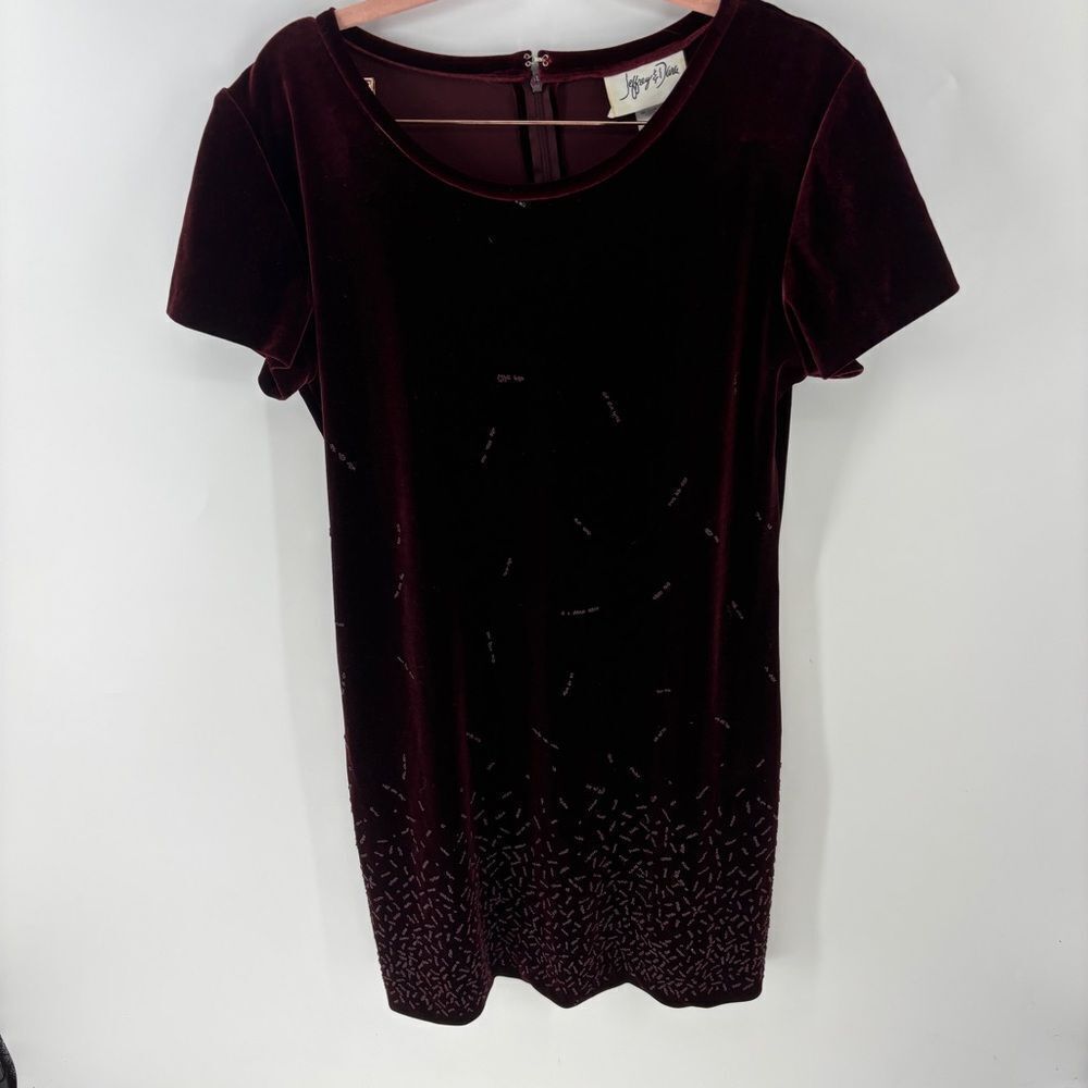 Vintage deep Red velvet beaded short sleeve Midi Dress women’s 8